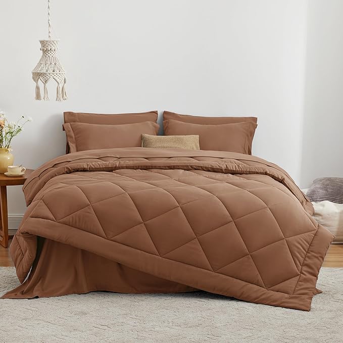 Love's cabin Twin Comforter Set Mocha Mousse, 5 Pieces Twin Bed in a Bag, All Season Bedding Sets with 1 Comforter, 1 Flat Sheet, 1 Fitted Sheet, 1 Pillowcase and 1 Pillow Sham | Soft, Breathable, Lightweight, Comfortable