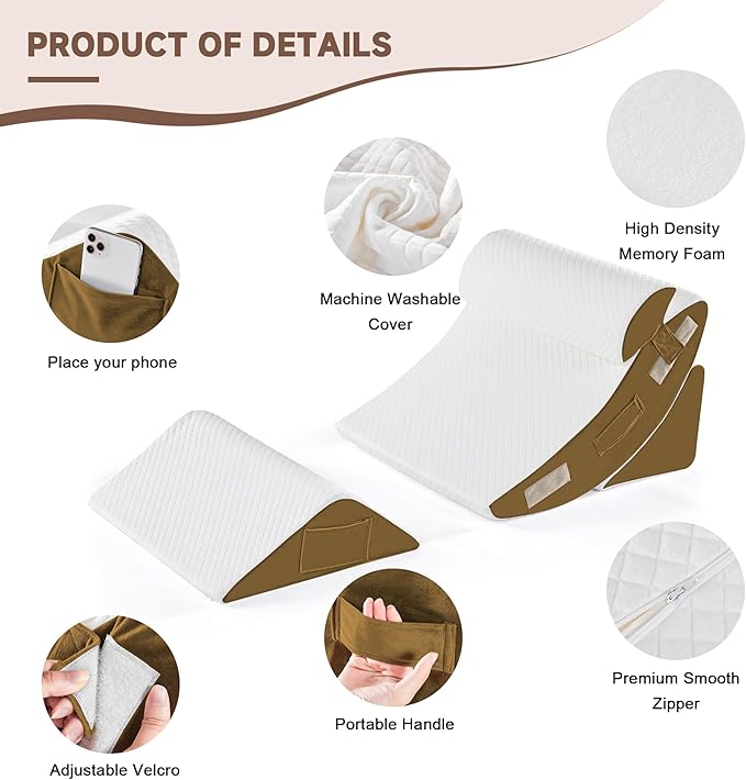 Yojoker 4PCS Orthopedic Bed Wedge Pillow Set for Sleeping, Post Surgery Foam Pillow for Body, Back and Leg Pain Relief, Triangle Adjustable Support Pillow - Acid Reflux Sleeping Pillows Brown