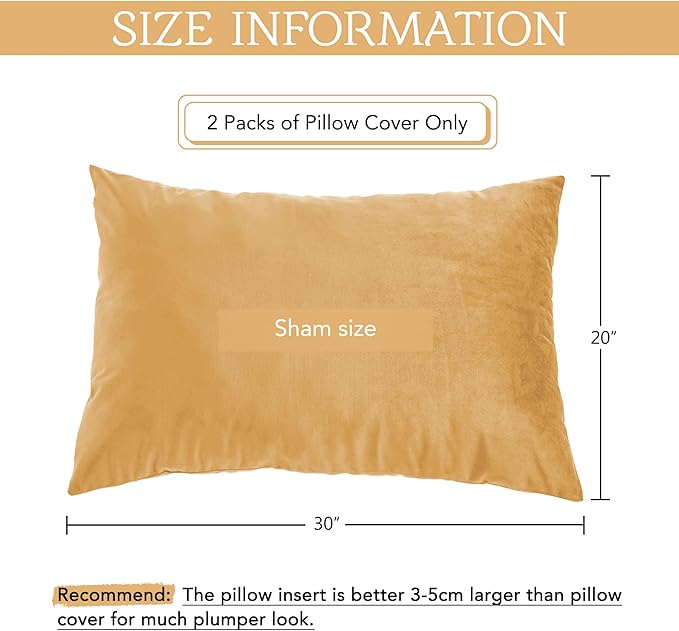 StangH Bed Pillow Pillowcase Thick Soft Velvet Fabric Zippered Covers for Bed/Couch/Sofa Decorative, Queen Size (Warm Gold, 20 x 30 inches) Pillowcases Set of 2, Warm Cozy Pillow Protector