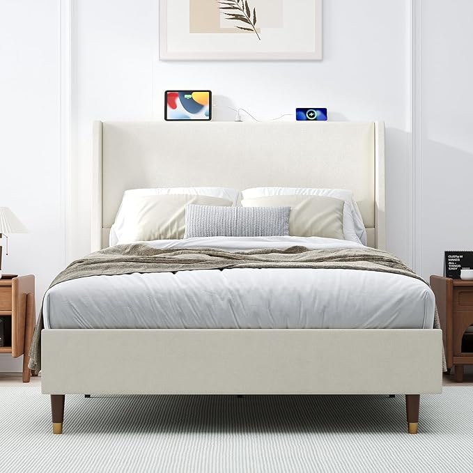 MALOL Full Size Bed Frame with Upholstered Headboard, Linen Fabric Platform Bed Frame with USB Charging Ports, No Box Spring Needed, Sturdy Metal Support, Noise Free, Modern Bedroom Furniture,White