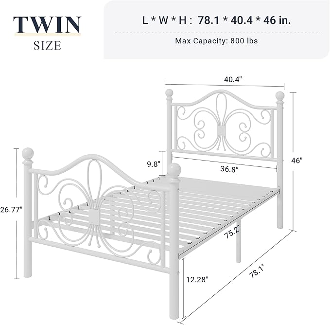 Allewie Twin Size Bed Frame for Kids,Metal Bed Frame with Butterfly Pattern Design Headboard and Footboard,No Box Spring Needed,Easy Assembly,White