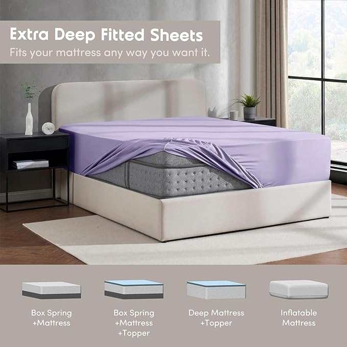 Nestl 4 Pack Lavender Fitted Sheet Extra Deep Pocket, Hotel Luxury TwinFitted Sheet Only Easily Fits 18 to 24 Inch Mattress, Super Soft, Wrinkle-Free and Breathable with Corner Straps