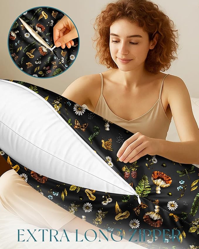 Miss Adola Silk Body Pillow Cover with Zipper - 20x54 Inch Silk Long Pillow Case for Women Ladies Adults Soft Bed Decorative Cute Boho Large Body Pillowcase Sham for Hair and Skin, Mushroom Plants