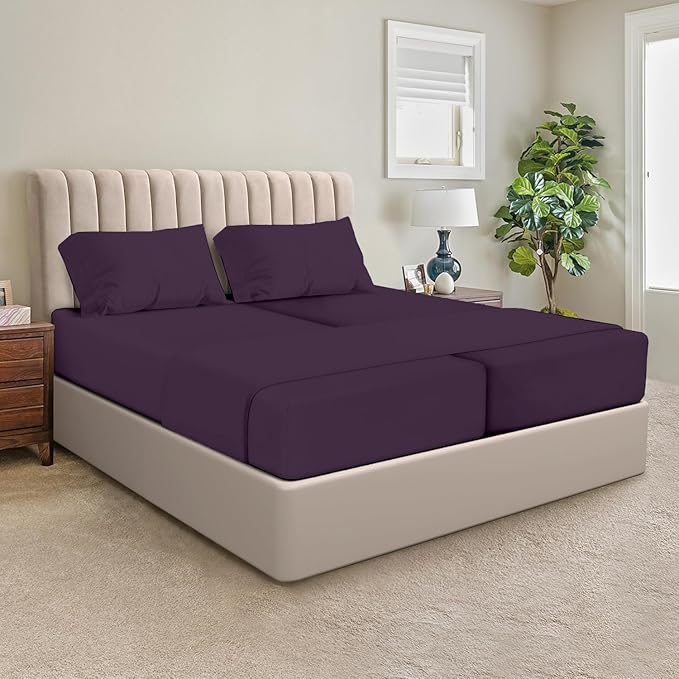 SGI Split King Sheet Set for Adjustable Bed Egyptian Premium Cotton 600 Thread Count Sheets for Sleep Number Bed 15" Deep Pocket 5 Pc Set with 2 Twin XL Fitted Sheets Soft Breathable -Plum