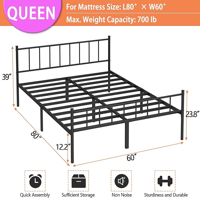 DIIYIV Queen Bed Frame-Classic Metal Platform Bed Frame,Mattress Foundation with Steel Slat Support,Under Foundation Storage,No Box Spring Needed, Easy Assembly, Queen Size