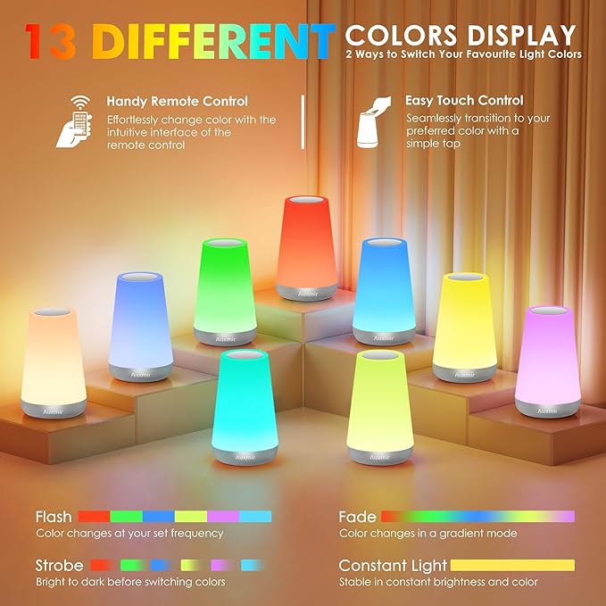 Auxmir Rechargeable LED Night Light, Touch & Remote Control Bedside Lamp with 13 Colors, 5 Brightness Levels, Portable Table Lamp for Kids Baby Nursery, Bedroom, Bathroom, Camping, Silver