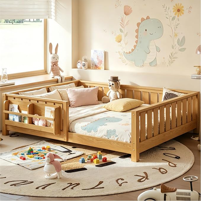 Bellemave Full Size Floor Bed Frame with Fence & Bookshelf, Solid Pinewood Montessori Floor Bed Full with Slats Load 450LBS, Low Profile Floor Bed for Kids, Bedroom, Nursery, Easy Assembly, Natural