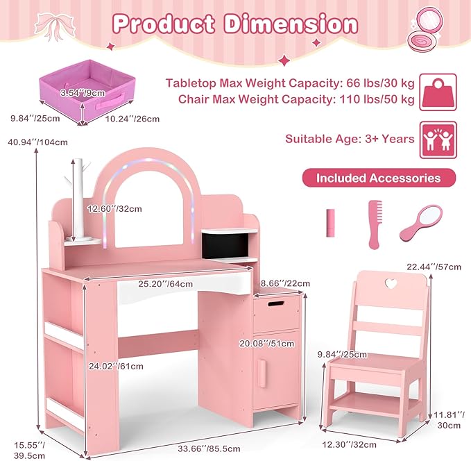 INFANS Kids Vanity with Lights, Princess Makeup Desk with Mirror, Jewelry Hanger, Fabric Drawers, Toddler Table and Chair Set Pretend Play for Girls