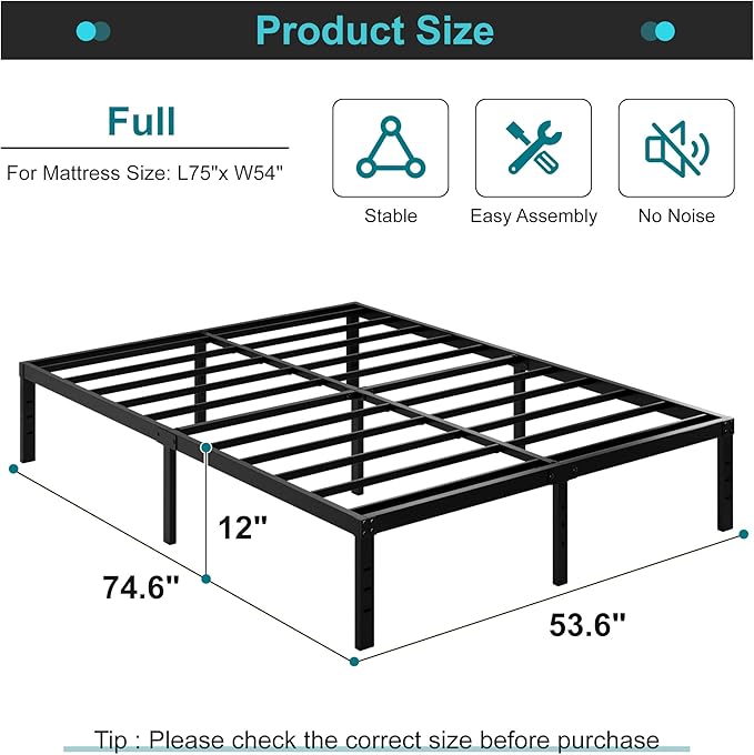 Maenizi 12 Inch Full Size Bed Frame No Box Spring Needed, Heavy Duty Metal Platform Bed Frame Full Support Up to 3000 lbs, Easy Assembly, Noise Free, Black