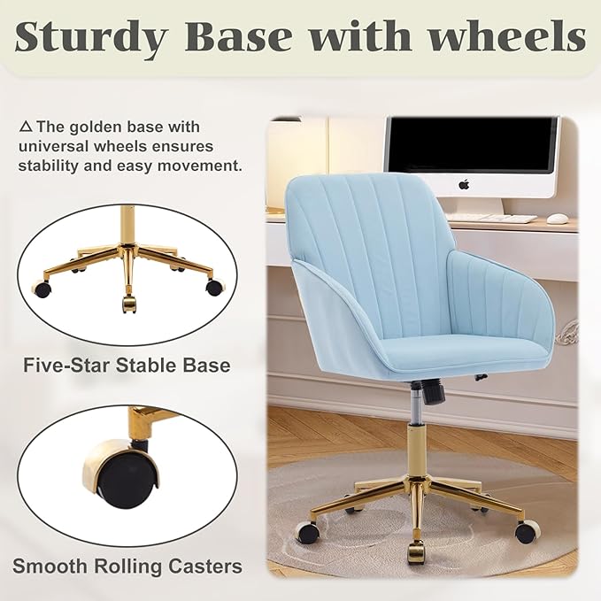 Velvet Vanity Chair with Wheels, Height Adjustable Swivel Makeup Chair, Armless Small Desk Chair for Bedroom/Office/Vanity Table, 250 lbs Capacity (Velvet, Blue-2)