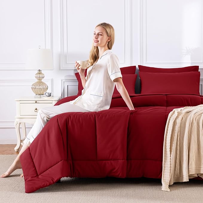 CozyLux Oversized Queen Comforter Sets Dark Red, 7 Pieces Bed in a Bag, Ultra-Soft All Season Bedding Sets with Stitch Quilted Comforter, Flat Sheet, Fitted Sheet, Pillowcases