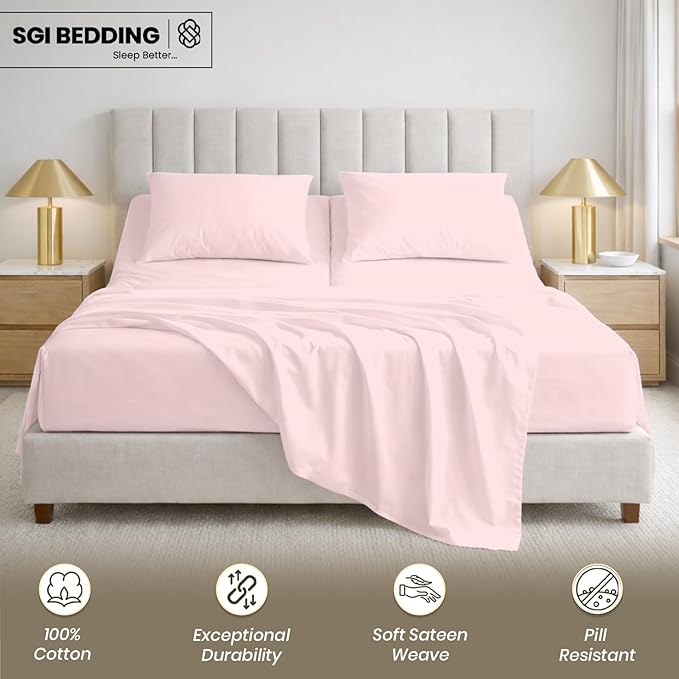 SGI bedding 28" Cal King Split Top Flex Head Sheet 100% Egyptian Cotton Sheet Set 1000 Thread Count Flex Top Sheet for Adjustable Bed 4Pc Sheet Set 15" Deep Pocket for Sleep Number Bed - Blush