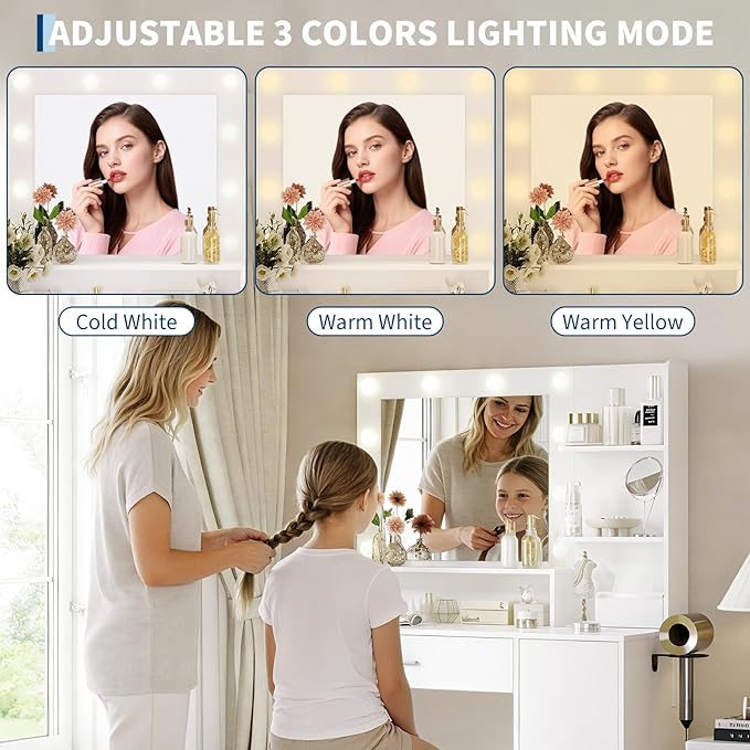 Garvee Vanity Desk with Mirror and Light, Makeup Dressing Table with Large Drawers and 3-Level Storage Dresser, 3 Lighting Modes Adjustable Brightness, Modern Vanity Set for Bedroom, White