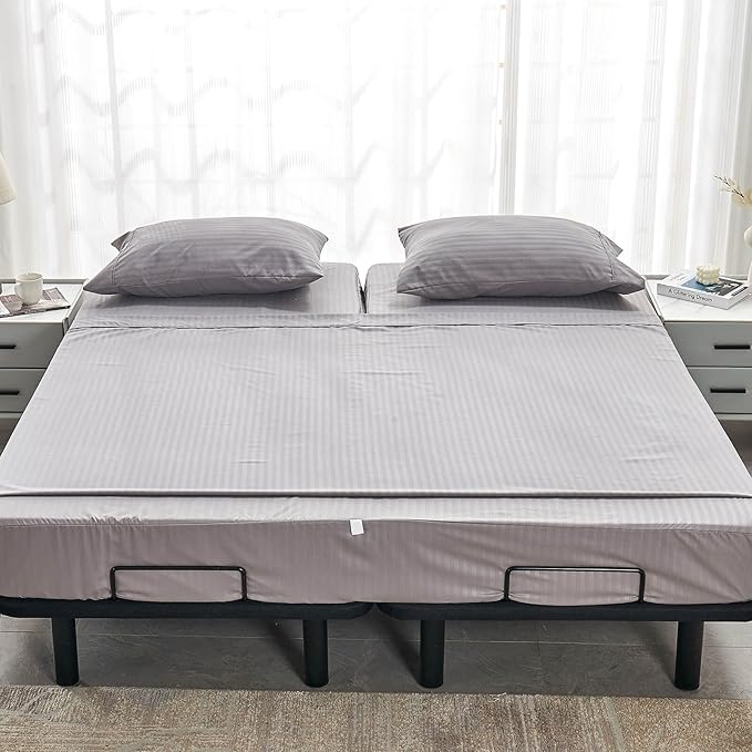 Kingnex Striped 32-34 Split Top King Sheets Sets for Adjustable Bed with Strap Soft Brushed 1800 Microfiber 4 Pieces Flex Head King Bedding Set Grey