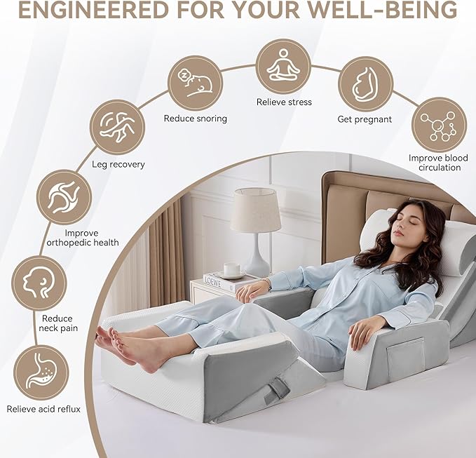 Yojoker 9PCS Orthopedic Bed Wedge Pillow Set for Sleeping, Back and Leg Pain Relief, Post Surgery Foam Pillow for Body, Triangle Adjustable Support Pillow - Acid Reflux Sleeping Pillows