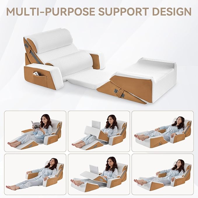 Yojoker 9PCS Orthopedic Bed Wedge Pillow Set for Sleeping, Back and Leg Pain Relief, Post Surgery Foam Pillow for Body, Triangle Adjustable Support Pillow - Acid Reflux Sleeping Pillows Brown