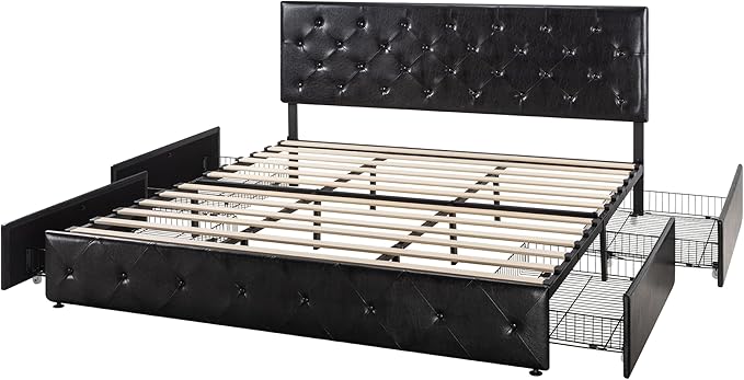 Allewie King Size Black Metal Faux Leather Platform Bed Frame with 4 Drawers