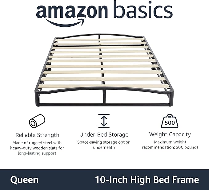 Amazon Basics Metal Platform Bed Frame with Wood Slat Support, Storage Space Underneath, 10 inches High, Queen, Black