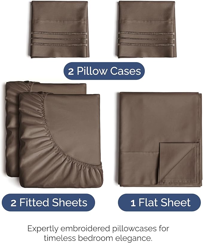 Split King Size 5 Piece Sheet Set - Comfy Breathable & Cooling Sheets - Hotel Luxury Bed Sheets for Women & Men - Deep Pockets, Easy-Fit, Soft and Wrinkle Free Sheets - Brown Oeko-Tex Bed Sheet Set