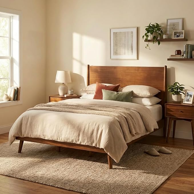 Merax Queen Size Solid Wood Platform Bed, Mid-Century Modern Bed Frame with Splayed Legs, 600 lbs Weight Capacity, No Box Spring Needed, Brown