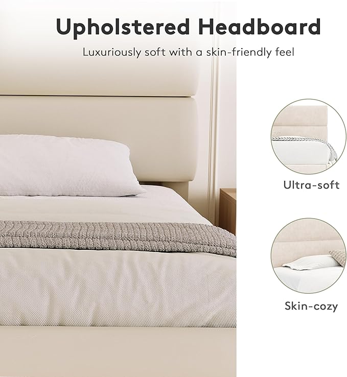 GRUSIGN Full Size Platform Bed Frame with Velvet Headboard, Adjustable Height Wooden Slats Support, Upholstered Mattress Foundation, Fits Mattress or Mattress with Box Spring, Easy Assembly, Beige