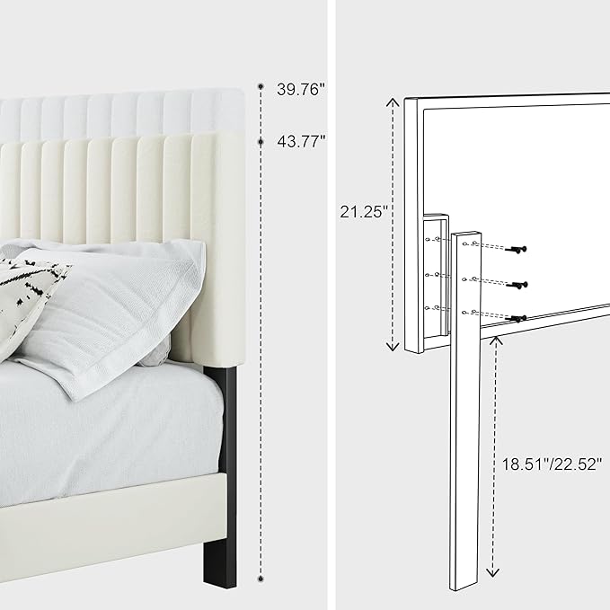 Full Bed Frame, Velvet Upholstered Platform Bed Frame with Adjustable Headboard, Vertical Quilted Design, Sturdy Slatted Mattress Base, Easy to Assemble, White