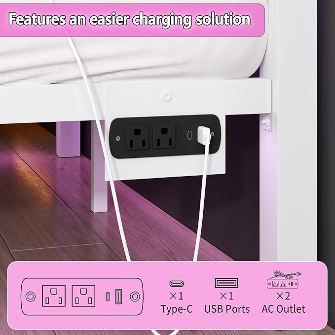 CLIBFENG Twin Bed Frame with Headboard and Footboard,Steel Slats Support-LED Bed Frame with USB Charging Station,Mattress Foundation-Under Bed Storage,No Box Spring Needed,Noise Free,White