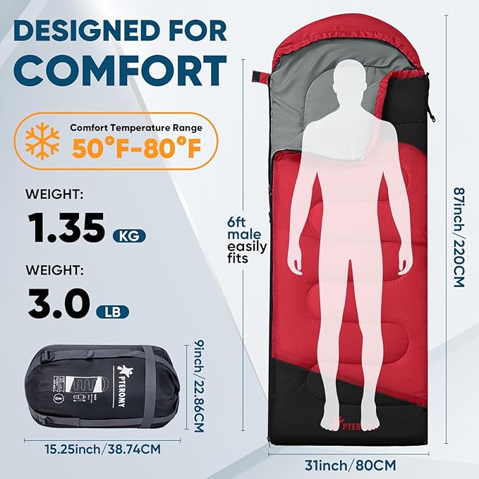 PTEROMY Sleeping Bags for Adults, Lightweight and Machine Washable, Water Resistant Backpacking Camping Sleeping Bag for Warm Cold Weather, Camping Essentials for Hiking Travel