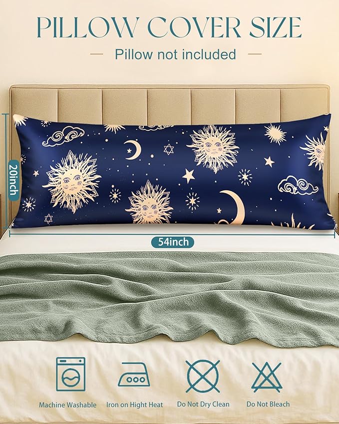 Miss Adola Silk Body Pillow Cover with Zipper - 20x54 Inch Silk Long Pillow Case for Women Ladies Adults Soft Bed Decorative Cute Boho Large Body Pillowcase Sham for Hair and Skin, Sun Moon Sign