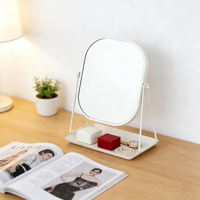 Tstarer Rotating Metal Makeup Mirror with Storage, Vanity Mirror for Desk, Bathroom, Bedroom, Dressing Table (White)