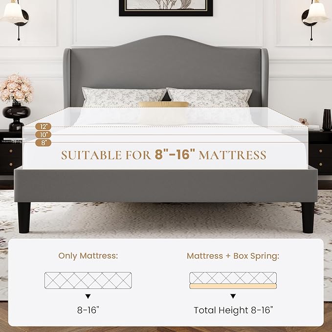 SHA CERLIN Full Size Velvet Platform Bed Frame with Elegant Wingback Headboard, Modern & Luxurious Design, Sturdy Wooden Slats, No Box Spring Required, Easy Assembly, Noise-Free, Soft Grey