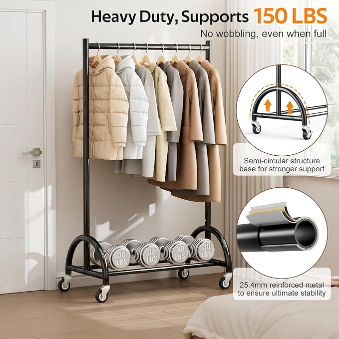 MISSLO Heavy Duty Clothing Rack with Wheels Rolling Clothes Racks for Hanging Clothes, Coats, Garment, Dress, Black, 30" W