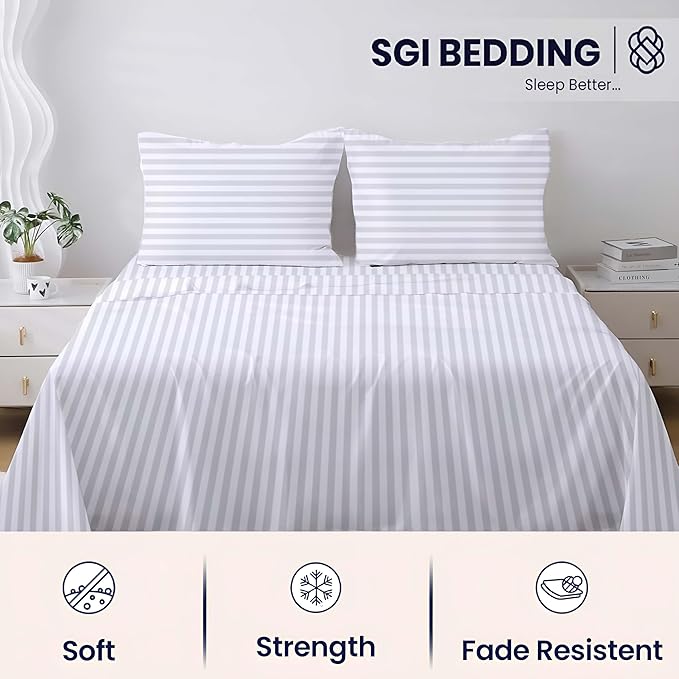 SGI bedding 100% Egyptian Cotton Sheets RV King Size – 600 Thread Count Sheets Set, Soft, Cooling, 15" Deep Pocket, Luxury Hotel Bedding, Breathable, Durable - White Stripe