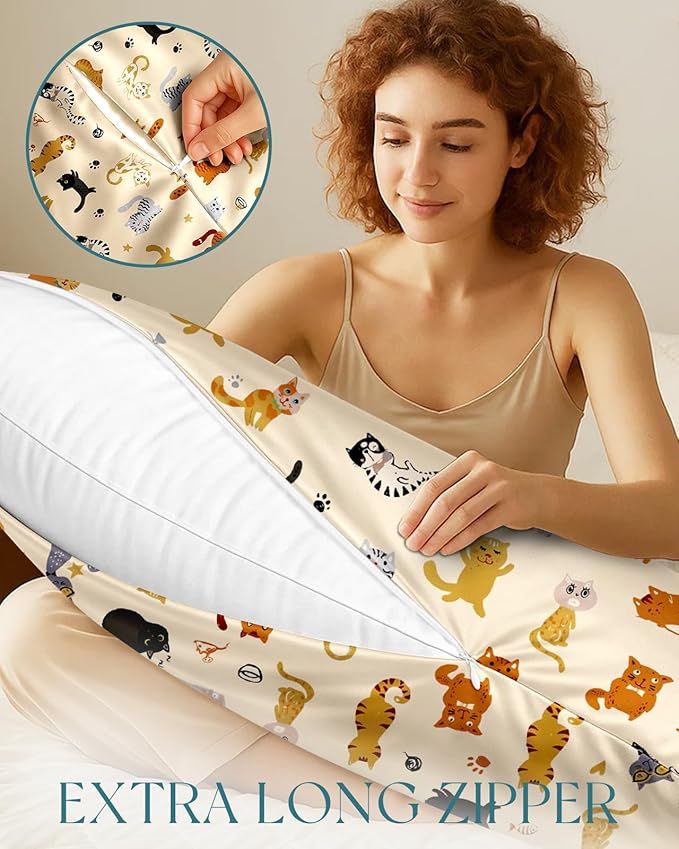 Miss Adola Silk Body Pillow Cover with Zipper - 20x54 Inch Silk Long Pillow Case for Women Ladies Adults Soft Bed Decorative Cute Boho Large Body Pillowcase Sham for Hair and Skin, Cat Variety