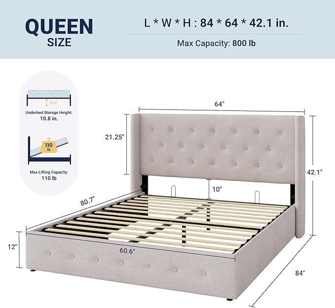 Allewie Queen Size Lift Up Storage Bed, Button Tufted Headboard with Wingback, Hydraulic Support, No Box Spring Needed, Light Beige