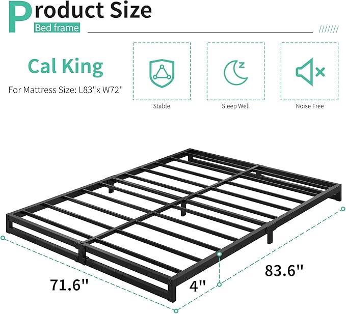 Lutown-Teen 4 Inch California King Bed Frames No Box Spring Needed Heavy Duty Metal Cal King Platform for Mattress Foundation, Noise Free, Easy Assembly, Black