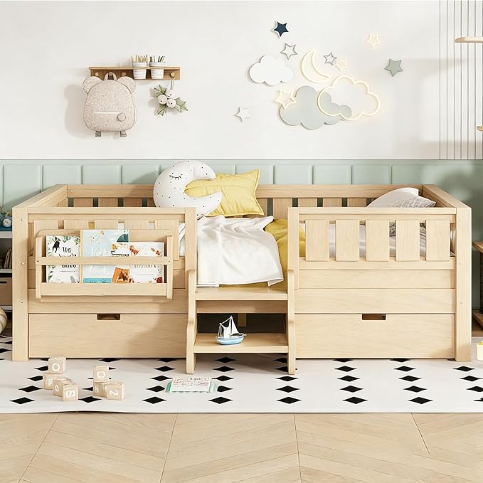 Bellemave Full Size Kids Montessori Bed with Stairs and Bookshelf,Solid Wood Full Size Kids Bed Frame with Drawers and Storage for Girls Boys,Low-Profile,Light Natural