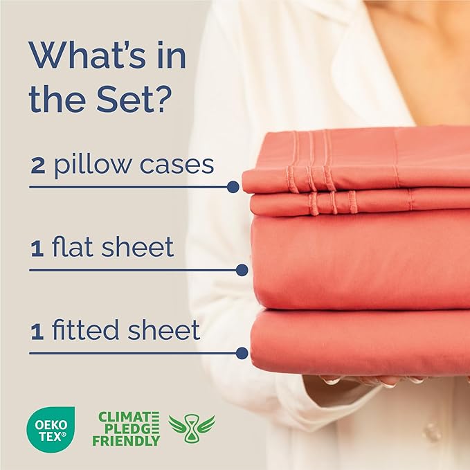 King Size 4 Piece Sheet Set - Comfy Breathable & Cooling Sheets - Hotel Luxury Bed Sheets for Women & Men - Deep Pockets, Easy-Fit, Extra Soft and Wrinkle Free Sheets - Coral Oeko-Tex Bed Sheet Set