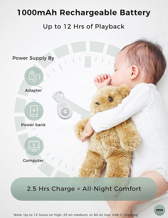 FOXFINE Portable Sound Machine, Travel White Noise Machine with 30 Soothing Sounds, Timer & Memory for Sleeping, Baby, Adults, White