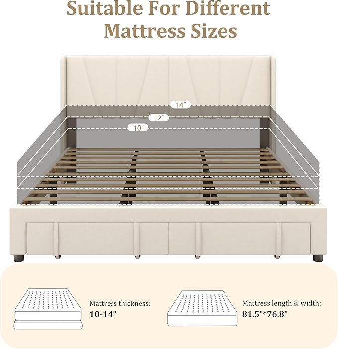 King Bed Frame with Storage Drawers, Velvet Upholstered Platform Bed with 47" Tall Headboard and Wingboard, No Box Spring Needed, NO Noise, Easy Assembly, Wooden Support Slats, Beige