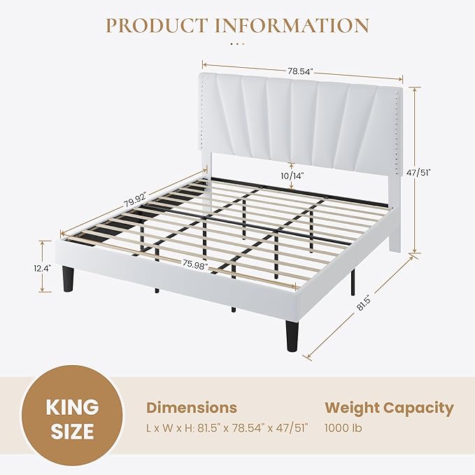 SHA CERLIN King Size Bed Frame with Adjustable Upholstered Velvet Rivets Headboard, Sturdy Wooden Slats, Strong Platform Support for Mattress, No Box Spring Needed, Easy Assembly, White