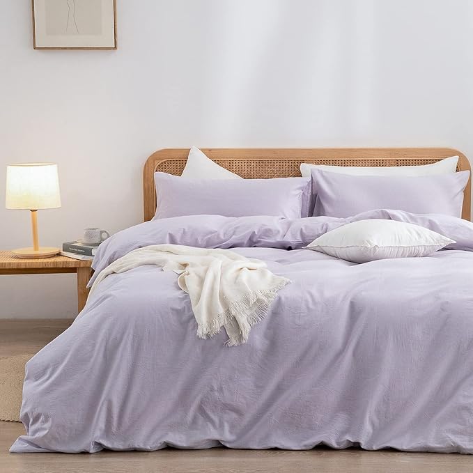 BESTOUCH Duvet Cover Set 100% Washed Cotton Linen Feel Super Soft Comfortable Chic Lightweight 3 PCs Home Bedding Set Solid Taro Purple Oversized King