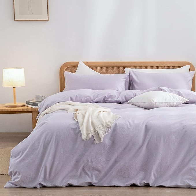 BESTOUCH Duvet Cover Set 100% Washed Cotton Linen Feel Super Soft Comfortable Chic Lightweight 3 PCs Home Bedding Set Solid Taro Purple Super King