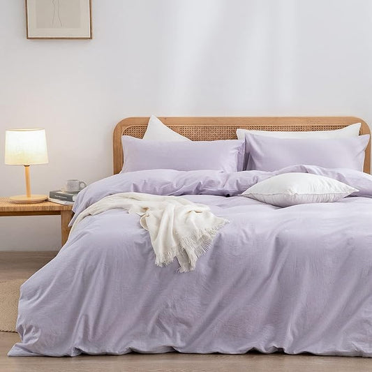 BESTOUCH Duvet Cover Set 100% Washed Cotton Linen Feel Super Soft Comfortable Chic Lightweight 3 PCs Home Bedding Set Solid Taro Purple Super King