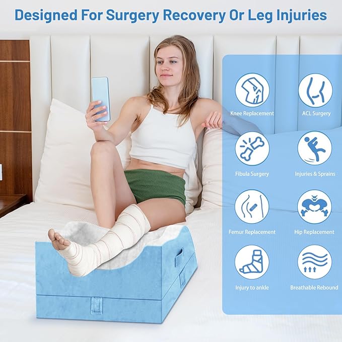 Double Leg Elevation Pillows, Wedge Pillow for After Surgery, Memory Foam Support Adjustable, Comfort Care for Back Knee Hip Ankles Pain, Knee Pillow for Sleeping Blood Circulation Light Blue & White