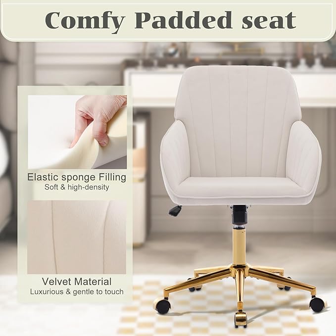 Velvet Vanity Chair with Wheels, Height Adjustable Swivel Makeup Chair, Armless Small Desk Chair for Bedroom/Office/Vanity Table, 250 lbs Capacity (Velvet, White-2)
