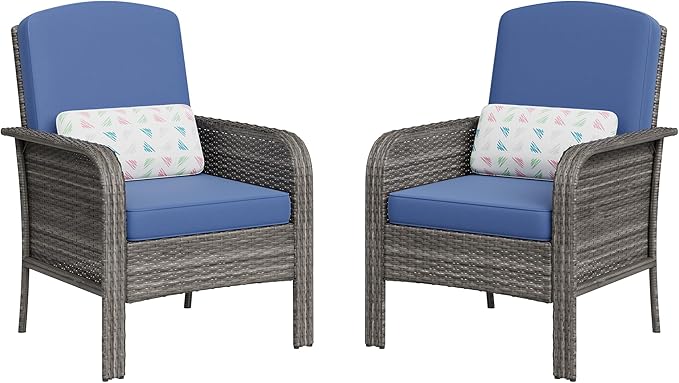 GarveeHome Outdoor Wicker Chairs Set of 2, All-Weather High Back Rattan Patio Furniture, 2-Piece Conversation Set with Comfy Cushions for Porch, Deck (Gray, Blue Cushion)