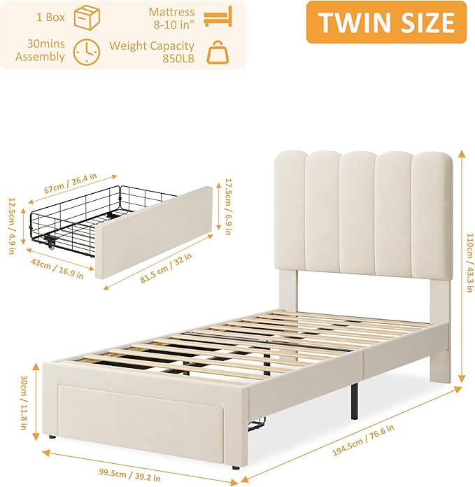 GarveeHome Twin Bed Frame with Under-Bed Drawer, Upholstered Platform Bed with Wave Headboard for Kids/Girls, Wooden Slats Support, No Box Spring Needed, Velvet Beige, 2 Sets
