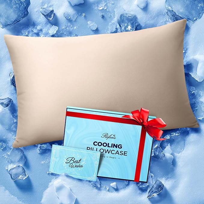 Ice Cooling Pillowcase for Hot Sleepers, Instantly Cool, Stays Cold All Night, Softer Than Silk Pillow Cases, Pillow Covers with Invisible Zipper, Gift for Men & Women - Queen Size, Beige (1 Pack)