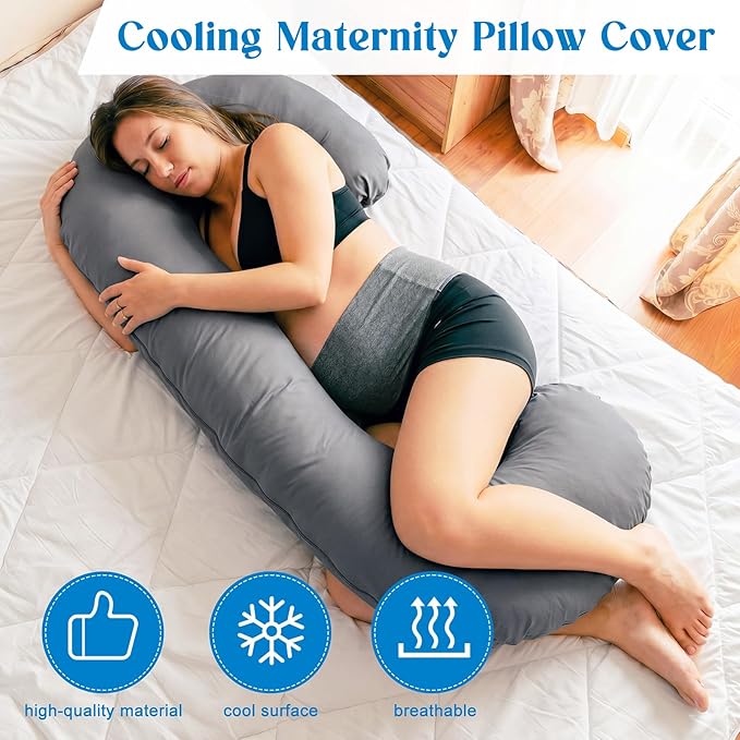 Hahafelt Cooling Pregnancy Pillow Cover (Only Pillowcase) 59 Inch Large C Shaped Full Body Pillowcase Maternity Stretchy Soft Breathable Cool Pillow Cover with Zipper for Side Sleeper (Dark Gray)